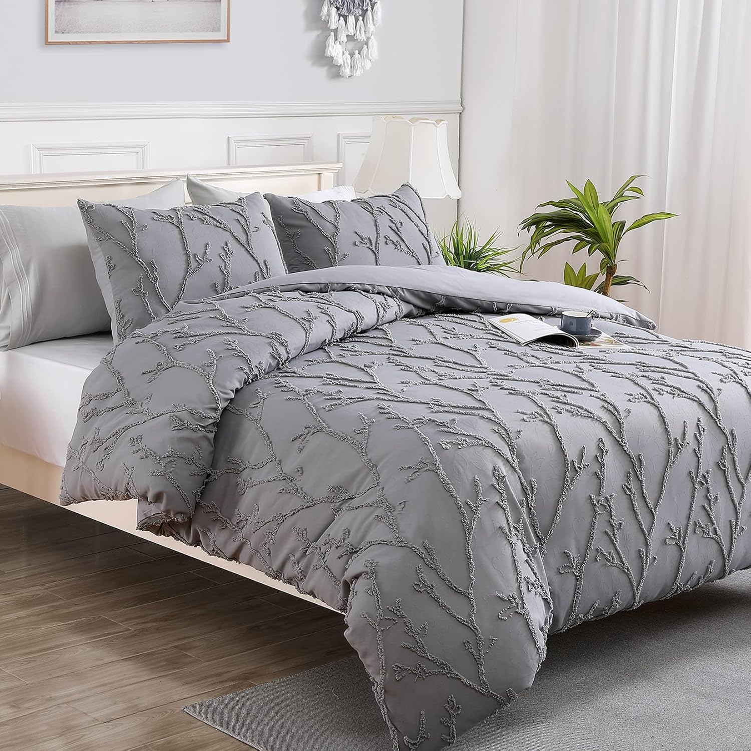 Embroidered Floral Duvet Cover Set - 3 Pcs. Chic Tufted Branches